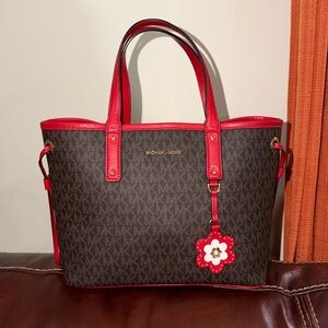‼️Michael Kors Red and Brown Signature Floral Reversible Mini Tote Bag Satchel
